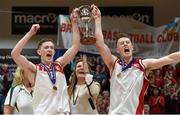 25 January 2015; Fr Matthews joint captains Evan Barrett, left, and Jack O'Mahony celebrate with the cup. Basketball Ireland U-18 Men’s National Cup Final, St. Vincent's v Fr Matthews. National Basketball Arena, Tallaght, Dublin. Photo by Sportsfile