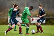 25 January 2015; theirry Baba, Republic of Ireland, in action against Glenn Middleton, left, and Christian Antoniazzi, Scotland. U15 Soccer International, Republic of Ireland v Scotland, Pat Kennedy Park, Tanavalla, Listowel, Co. Kerry. Picture credit: Brendan Moran / SPORTSFILE