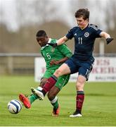 25 January 2015; theirry Baba, Republic of Ireland, in action against Glenn Middleton, Scotland. U15 Soccer International, Republic of Ireland v Scotland, Pat Kennedy Park, Tanavalla, Listowel, Co. Kerry. Picture credit: Brendan Moran / SPORTSFILE