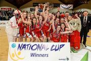 25 January 2015; Brunel celebrate with the cup after the game. Basketball Ireland U-20 Women’s National  Cup Final, DCU Mercy v Glanmire BC. National Basketball Arena, Tallaght, Dublin. Photo by Sportsfile