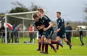25 January 2015; Stephen Welsh, Scotland, is congratulated by team-mate Kristi Marku, left, after scoring their side's equalising goal in injury time. U15 Soccer International, Republic of Ireland v Scotland, Pat Kennedy Park, Tanavalla, Listowel, Co. Kerry. Picture credit: Brendan Moran / SPORTSFILE