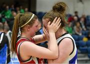 25 January 2015; A dejected Hannah McCarthy, Glanmire, right, is consoled by Edel Thornton, Brunel, after the game. Basketball Ireland U-20 Women’s National  Cup Final, DCU Mercy v Glanmire BC. National Basketball Arena, Tallaght, Dublin. Photo by Sportsfile