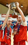 25 January 2015; Brunel joint captains Megan O'Leary, left, and Amy Waters, celebrate with the cup after the game. Basketball Ireland U-20 Women’s National  Cup Final, DCU Mercy v Glanmire BC. National Basketball Arena, Tallaght, Dublin. Photo by Sportsfile