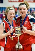 25 January 2015; Brunel joint captains Megan O'Leary, left, and Amy Waters, with the cup after the game. Basketball Ireland U-20 Women’s National  Cup Final, DCU Mercy v Glanmire BC. National Basketball Arena, Tallaght, Dublin. Photo by Sportsfile