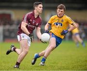 25 January 2015; Sean Denvir, Galway, in action against Ronan Stack, Roscommon. FBD Connacht League Final, Roscommon v Galway, Kiltoom, Co. Roscommon. Picture credit: David Maher / SPORTSFILE