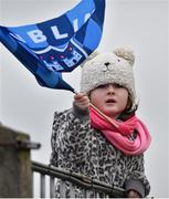 25 January 2015; Dublin supporter Caragh Watson, aged five, from Seville Place, flies her flag ahead of the game. Bord na Mona O'Byrne Cup Final, Kildare v Dublin, St Conleth's Park, Newbridge, Co. Kildare. Picture credit: Ray McManus / SPORTSFILE