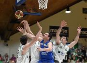25 January 2015; David Murphy, C&S Blue Demons, in action against Stephen O'Brien, left, Ronan O'Sullivan, and Paul Freeman, right, SSE Airtricity Moycullen. Basketball Ireland President's Cup Final, C&S Blue Demons v SSE Airtricity Moycullen. National Basketball Arena, Tallaght, Dublin. Photo by Sportsfile