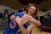 25 January 2015; Andrew Fitzgerald, C&S Blue Demons, celebrates with team-mate Dan Griffin, left, after the game. Basketball Ireland President's Cup Final, C&S Blue Demons v SSE Airtricity Moycullen. National Basketball Arena, Tallaght, Dublin. Photo by Sportsfile
