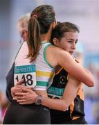 25 January 2015; Veronica Burke, Ballinasloe and District AC, who won the Junior Women's 3,000m Walk event, is congratulated by Siobhan Nash, St. Abbans AC, left, winner of the U23 Women's 3,000m Walk event. GloHealth National Indoor Junior & U23 Championships, Athlone International Arena, Athlone, Co. Westmeath. Picture credit: Pat Murphy / SPORTSFILE