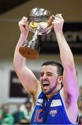 25 January 2015; C&S Blue Demons captain Brian O'Neill celebrates with the cup. Basketball Ireland President's Cup Final, C&S Blue Demons v SSE Airtricity Moycullen. National Basketball Arena, Tallaght, Dublin. Photo by Sportsfile