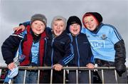 25 January 2015; Dublin supporters Eoin Murphy, Luke Walsh, Alex Merriman and Evan Walsh, from Tallaght, cheer on their team. Bord na Mona O'Byrne Cup Final, Kildare v Dublin, St Conleth's Park, Newbridge, Co. Kildare. Picture credit: Ray McManus / SPORTSFILE
