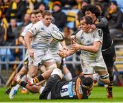 24 January 2015; Devin Toner, Leinster, is tackled by Nathan Hughes, below, and Ashley Johnson, right, Wasps. European Rugby Champions Cup 2014/15, Pool 2, Round 6, Wasps v Leinster. Ricoh Arena, Coventry, England. Picture credit: Stephen McCarthy / SPORTSFILE