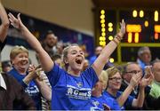 25 January 2015; C&S Blue Demons supporter Elena Murphy, from Cork, celebrates her side's victory. Basketball Ireland President's Cup Final, C&S Blue Demons v SSE Airtricity Moycullen. National Basketball Arena, Tallaght, Dublin. Photo by Sportsfile