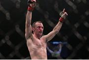 24 January 2015; Neil Seery celebrates his victory over Chris Beal in their flyweight bout during the UFC Fight Night event. Tele2 Arena, Stockholm, Sweden. Picture credit: David Fogarty / SPORTSFILE