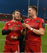 25 January 2015; JJ Hanrahan, left, and Ivan Dineen, Munster, share a laugh as they applaud supporters after victory over Sale Sharks. European Rugby Champions Cup 2014/15, Pool 1, Round 6, Munster v Sale Sharks. Thomond Park, Limerick. Picture credit: Diarmuid Greene / SPORTSFILE