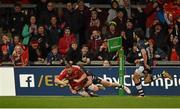 25 January 2015; Andrew Conway, Munster, scores a second-half try despite the efforts of Luke McLean, Sale Sharks. European Rugby Champions Cup 2014/15, Pool 1, Round 6, Munster v Sale Sharks. Thomond Park, Limerick. Picture credit: Diarmuid Greene / SPORTSFILE