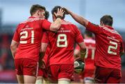 25 January 2015; Peter O'Mahony, Munster, centre, is congratulated by team-mates Ivan Dineen, left, and Duncan Casey, after scoring a try. European Rugby Champions Cup 2014/15, Pool 1, Round 6, Munster v Sale Sharks. Thomond Park, Limerick. Picture credit: Diarmuid Greene / SPORTSFILE