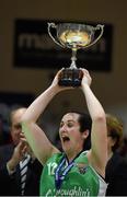 25 January 2015; Portlaoise Panters BC captain Catherine O'Sullivan celebrates with the cup. Basketball Ireland Senior Women's Cup Final, Oblate Dynamos v Portlaoise Panthers BC. National Basketball Arena, Tallaght, Dublin. Photo by Sportsfile