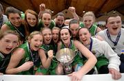 25 January 2015; Portlaoise Panters BC celebrate with the cup after the game. Basketball Ireland Senior Women's Cup Final, Oblate Dynamos v Portlaoise Panthers BC. National Basketball Arena, Tallaght, Dublin. Photo by Sportsfile