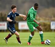 25 January 2015; theirry Baba, Republic of Ireland, in action against Glenn Middleton, Scotland. U15 Soccer International, Republic of Ireland v Scotland, Pat Kennedy Park, Tanavalla, Listowel, Co. Kerry. Picture credit: Brendan Moran / SPORTSFILE