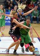 25 January 2015; Kelsey Wolfe, Portlaoise Panters BC, in action against Selina Mcmahon, left, and Shannon Farrell, Oblate Dynamo. Basketball Ireland Senior Women's Cup Final, Oblate Dynamos v Portlaoise Panthers BC. National Basketball Arena, Tallaght, Dublin. Photo by Sportsfile