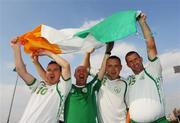 10 October 2007; Members of the victorious Team Ireland soccer team Darren Flanagan, 10, from Curragh, Co. Kildare, Donnacha O'Duinn, Tallaght, Dublin, and Adrian Clarke, Manor Cunningham, Co. Donegal, celebrate with head coach, Paul Martyn, second from left, after defeating France in a final. 2007 Special Olympics World Summer Games, Shanghai Songjiang Stadium, Shanghai, China. Picture credit: Ray McManus / SPORTSFILE