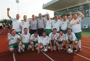 10 October 2007; Members of the victorious Team Ireland soccer team, back row left to right, Gareth Egan, from Lifford, Co. Donegal, Ken Elliott, Clondalkin, Dublin, Noel Daly, Crumlin, Dublin, Oliver Boyle, Letterkenny, Co. Donegal, Philip Dunne, Tallaght, Dublin, Mark Duffy, Tallaght, Dublin, Adrian Clarke, Manor Cunningham, Co. Donegal, Francis Bilardi, Tallaght, Dublin, Ryan Doherty, Omagh, Co. Tyrone, front row left to right, Darren Flanagan, Curragh, Co. Kildare, John Cousins, Tallaght, Co Dublin, Michael O'Reilly, Kilbarrack, Dublin, Darren Farrelly, Portarlington, Co. Laois, Chris O'Donnell, Letterkenny, Co. Donegal, Daniel Sands, Inchicore, Dublin, after defeating France in a final. 2007 Special Olympics World Summer Games, Shanghai Songjiang Stadium, Shanghai, China. Picture credit: Ray McManus / SPORTSFILE