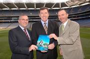 10 October 2007; Packie Bonner, Technical Director of the FAI, with John McGuinness, left, T.D. Minister for Trade and Commerce, and Enda McDonnell, Director of Standards with the NSAI, at the launch of the Goalpost Safety Standards by NSAI & National Awareness Campaign by the FAI, IRFU, GAA and Cumann Camogie. Croke Park, Dublin. Picture credit: Matt Browne / SPORTSFILE