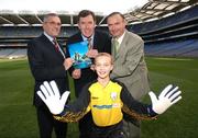10 October 2007; Packie Bonner, Technical Director of  the FAI, John McGuinness T.D., left, Minister for Trade and Commerce, and Enda McDonnell, Director of Standards with the NSAI, with Jayne Eyre, Age 12, from Belvedere Youth Club, at the  launch of the Goalpost Safety Standards by NSAI & National Awareness Campaign by the FAI, IRFU, GAA and Cumann Camogie. Croke Park, Dublin. Picture credit: Matt Browne / SPORTSFILE