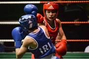 24 January 2015; Lauren Hogan, St Brigids Edenderry, right, exchanges punches with Maeve Clarke, Ballinacarrow, during their 48 kg bout. National Elite Boxing Championship Finals, National Stadium, Dublin. Picture credit: Piaras Ó Mídheach / SPORTSFILE
