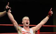 23 January 2015: Roy Sheahan, St.Michael's Boxing Club, Athy, Kildare, celebrates victory Matthew Tinker, St.Francis Boxing Club, Limerick, after their 81kg bout. National Elite Boxing Championship Finals, National Stadium, Dublin. Picture credit: Ray Lohan / SPORTSFILE