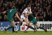 24 January 2015; Tommy Bowe, Ulster, is tackled by Marcos Ayerza, Leicester Tigers. European Rugby Champions Cup 2014/15, Pool 3, Round 6, Ulster v Leicester Tigers, Kingspan Stadium, Ravenhill Park, Belfast, Co. Antrim. Picture credit: Ramsey Cardy / SPORTSFILE
