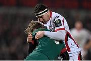 24 January 2015; Matthew Tait, Leicester Tigers, is tackled by Rob Herring, Ulster. European Rugby Champions Cup 2014/15, Pool 3, Round 6, Ulster v Leicester Tigers, Kingspan Stadium, Ravenhill Park, Belfast, Co. Antrim. Picture credit: Ramsey Cardy / SPORTSFILE