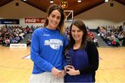 24 January 2015; Gráinne Dwyer, Team Montenotte Hotel, receives the Sportwoman of the Year 2014 award from Mary Maguire, Her.ie. Basketball Ireland Women's National Cup Final, Killester v Team Montenotte Hotel, National Basketball Arena, Tallaght, Dublin. Picture credit: Barry Cregg / SPORTSFILE