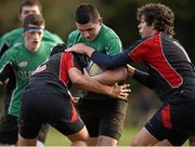 26 January 2015; Aaron Byrne, Scoil Chonglais Baltinglass, is tackled by Luca Cambusano, left, and Noah Young, Wesley College. Bank of Ireland Leinster Schools Fr. Godfrey Cup Semi-Final, Wesley College v Scoil Chonglais Baltinglass. Coolmine RFC, Dublin. Picture credit: Pat Murphy / SPORTSFILE