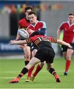 26 January 2015; Louis McConkey, CUS, is tackled by Shane Sweeney, CBC Monkstown. Bank of Ireland Leinster Schools Senior Cup, 1st Round, CUS v CBC Monkstown. Donnybrook Stadium, Donnybrook, Dublin. Picture credit: Barry Cregg / SPORTSFILE