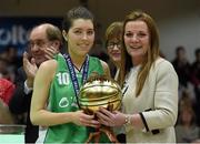 25 January 2015; Sinead Melia, Portlaoise Panters BC, is presnted with her MVP award by Jackie Dunne, Chairperson of the board of Basketball Ireland. Basketball Ireland Senior Women's Cup Final, Oblate Dynamos v Portlaoise Panthers BC. National Basketball Arena, Tallaght, Dublin. Photo by Sportsfile