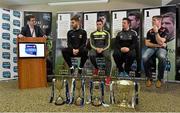 26 January 2015; In attendance at the launch of the 2015 Allianz Football Leagues in Croke Park are, from left, MC Darren Frehill, Seamus O'Shea, Mayo, Paul Geaney, Kerry, Jason Ryan, Kildare manager and Kieran McGeeney, Armagh manager. The opening weekend of the Allianz Football League will see Kerry host Mayo in Fitzgerald Stadium, Killarney on Sunday. 2015 Allianz Football League Launch, Croke Park, Dublin. Picture credit: Brendan Moran / SPORTSFILE
