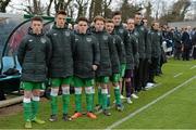 25 January 2015; The Republic of Ireland substitutes and management stand for the national anthems before the game. U15 Soccer International, Republic of Ireland v Scotland, Pat Kennedy Park, Tanavalla, Listowel, Co. Kerry. Picture credit: Brendan Moran / SPORTSFILE