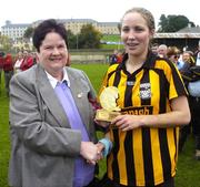 14 October 2007; Rose Malone, former Secetary of the Munster Camogie Council, presents Kilkenny's Michelle Quilty with the player of the match award. All-Ireland Minor A Camogie Championship Final, Kilkenny v Cork, Clonmel Commercial Park, Clonmel, Co. Tipperary. Picture credit: Stephen McCarthy / SPORTSFILE