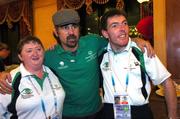 1 October 2007; Hollywood actor Colin Farrell with Noreen O'Driscoll and Diarmuid Coughlan, both from Whitechurch, Cork, at a reception for Special Olympic Athletes and Volunteers. 2007 Special Olympics World Summer Games, Pearl Hotel, Shanghai, China. Picture credit: Ray McManus / SPORTSFILE