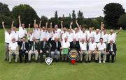 15 September 2007; Muskerry Golf Club, Co. Cork, winners of the Bulmers Jimmy Bruen Shield, back row, left to right, Sean Cronin, Fred Twomey, Diarmuid Linehan, Jackie Solan, David Lane, Daniel Hallissey, Tom Purcell, Jim Hornibrook, Neil O’Brien, Denis Lynch, Gordian Barry, Denis Keane, Eoin O’Callaghan, Ben Harte, Mike McGrath, Adrian O’Sullivan and Donal Healy, front row, left to right, Pat Sheppard, Paul McGurk, Bulmers, Dennis McConnell, Captain, Shandon Park G.C.; Tommie Basquille, President, Golfing Union of Ireland; Jim O’Driscoll, Captain, Muskerry G.C.; Maurice Leahy, Team Captain; Tom Philpott, President, Muskerry G.C.; Jerry O’Callaghan, Mike O’Leary, Paul Herlihy and Sean McMahon, Chairman, Golfing Union of Ireland Munster Branch. Bulmers Cups and Shields Finals 2007, Shandon Park Golf Club, Belfast, Co. Antrim. Picture credit: Ray McManus / SPORTSFILE