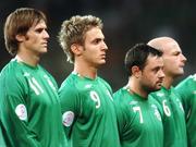13 October 2007; Republic of Ireland players, from left, Kevin Kilbane, Kevin Doyle, Andy Reid, and Lee Carsley, line up before the match. 2008 European Championship Qualifier, Republic of Ireland v Germany, Croke Park, Dublin. Picture credit; Brian Lawless / SPORTSFILE