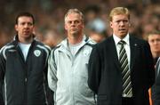 13 October 2007; Republic of Ireland manager Steve Staunton with assistant manager Kevin McDonald and goalkeeping coach Alan Kelly, left, during the National Anthems. 2008 European Championship Qualifier, Republic of Ireland v Germany, Croke Park, Dublin. Picture credit; Brian Lawless / SPORTSFILE