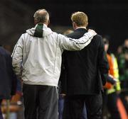 17 October 2007; Republic of Ireland manager Steve Staunton, right, leaves the field with assistant manager Kevin McDonald after the final whistle. 2008 European Championship Qualifier, Republic of Ireland v Cyprus, Croke Park, Dublin. Picture credit; Matt Browne / SPORTSFILE