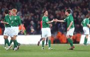 17 October 2007; Republic of Ireland captain Robbie Keane congratulates team-mate Steve Finnan after scoring his side's late equaliser. 2008 European Championship Qualifier, Republic of Ireland v Cyprus, Croke Park, Dublin. Picture credit; Brian Lawless / SPORTSFILE