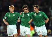 17 October 2007; Republic of Ireland's Steve Finnan, centre, is congratulated by team-mates Paul McShane, left, and Daryl Murphy, right, after scoring his side's equalising goal. 2008 European Championship Qualifier, Republic of Ireland v Cyprus, Croke Park, Dublin. Picture credit; David Maher / SPORTSFILE