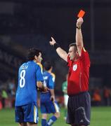 17 October 2007; Marios Ilia, Cyprus, receives a red card from referee Mikko Vuorela who is refereeing his last ever game. 2008 European Championship Qualifier, Republic of Ireland v Cyprus, Croke Park, Dublin. Picture credit; Stephen McCarthy / SPORTSFILE