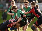 26 January 2015; Padraig McMahon, Scoil Chonglais Baltinglass, is tackled by Michael McKeon, left, and Sam Darley, Wesley College. Bank of Ireland Leinster Schools Fr. Godfrey Cup Semi-Final, Wesley College v Scoil Chonglais Baltinglass. Coolmine RFC, Dublin. Picture credit: Pat Murphy / SPORTSFILE