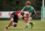 26 January 2015; Sam Darley, Wesley College, is tackled by Padraig MacMahon, Scoil Chonglais Baltinglass. Bank of Ireland Leinster Schools Fr. Godfrey Cup Semi-Final, Wesley College v Scoil Chonglais Baltinglass. Coolmine RFC, Dublin. Picture credit: Pat Murphy / SPORTSFILE